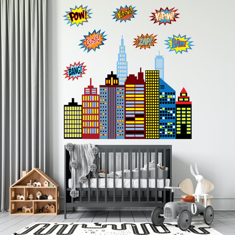 Superhero City Wall Decal with Comic Sounds Fabric Eco-friendly Repositionable Superhero Decals