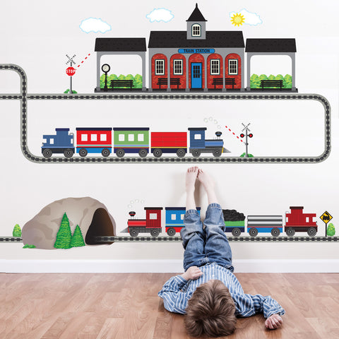 2 Freight Trains, Train Station and Tunnel Wall Decals with Straight & Curved Railroad Track Col.1