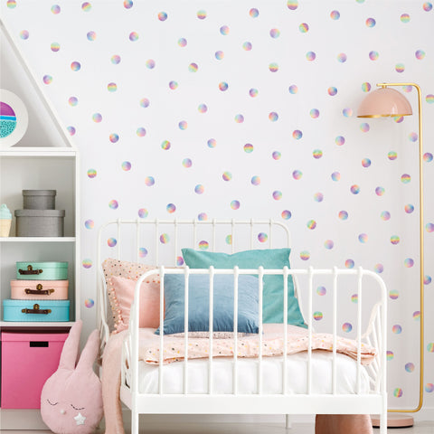 Watercolor Rainbow Dots 2" Polka Dot Decals, 121 Fabric Wall Decals, Nursery Decor, Eco-Friendly Peel and Stick Fabric Decals.