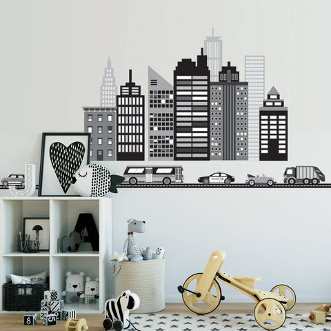 Cityscape Wall Decal, Black and White City Skyline Wall Decal with Cars and Straight Black Road