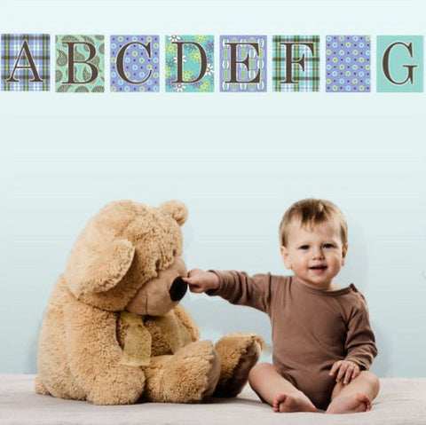 Alphabet Block Wall Decals  in Pastel Turquoise, Green, Lilac, and Brown, Eco-Friendly - Wall Dressed Up