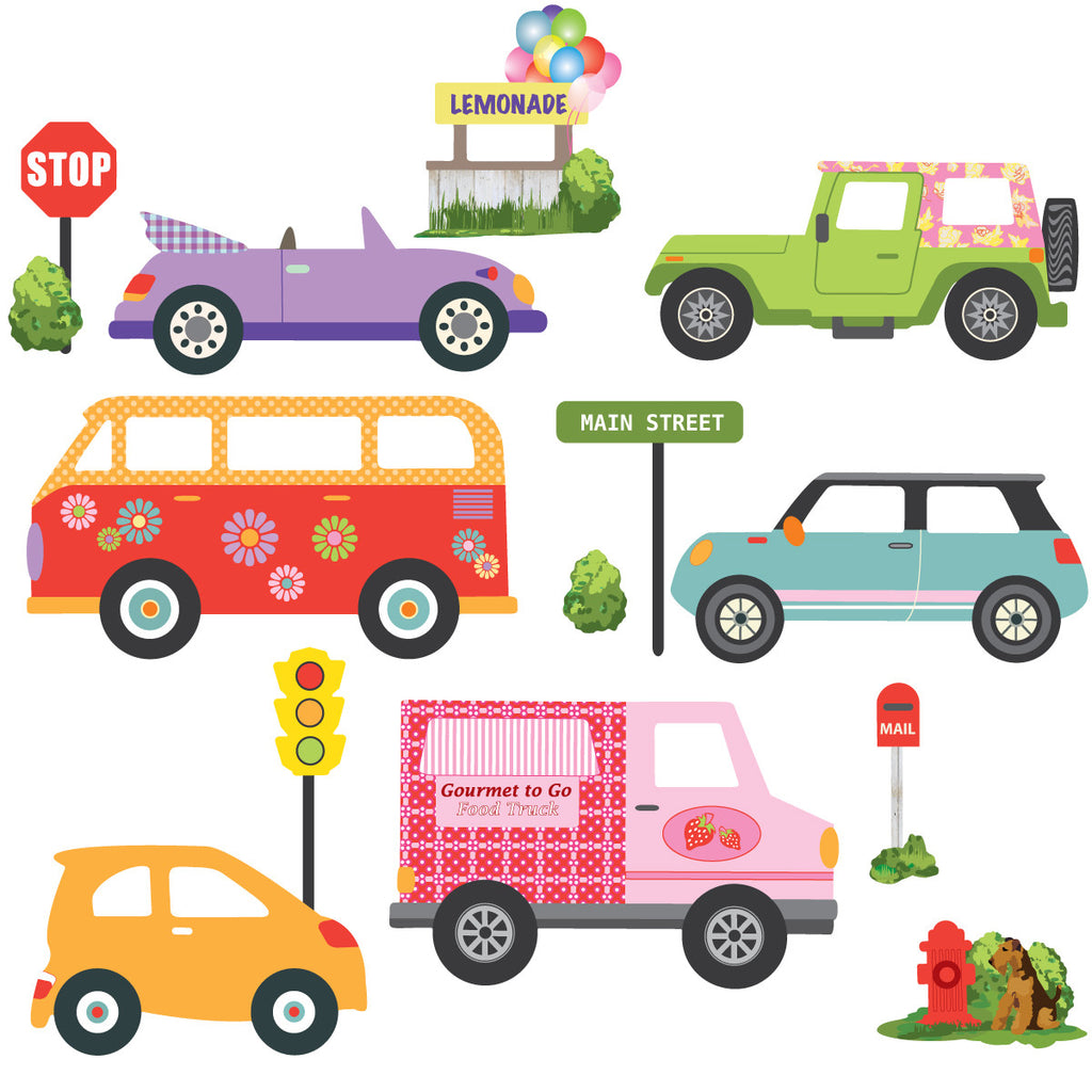 Colorful Girls Adventure Cars Wall Decals, EcoFriendly Matte Wall Sti