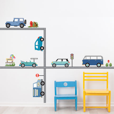 Blue Adventure Car Wall Decals, Transportation Wall Decals, Road Wall Decals, Removable Wall Stickers