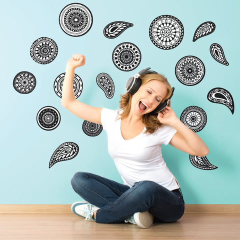 Wall Decals Boho Zentangle Mandala Paisley Black & White Fabric Eco-friendly Wall Stickers - Wall Dressed Up
