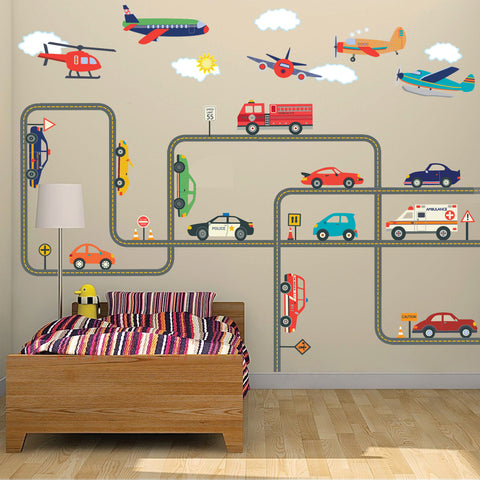 Car Wall Decals, Emergency Vehicle Decals, Airplane Decals, Gray Straight & Curved Road Wall Stickers, Removable Reusable Wall Decals - Wall Dressed Up