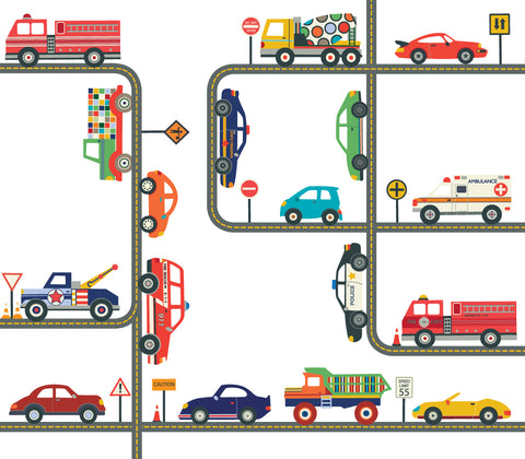 Cars, Trucks & EMS Vehicles Wall Decals plus Gray Road Curved and Straight - Wall Dressed Up