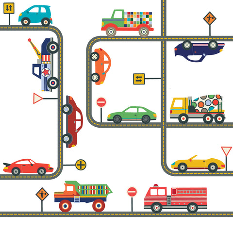 Cars and Trucks Wall Decals plus Gray Road Decals Curved and Straight, Fabric, Repositionable, Eco-Friendly - Wall Dressed Up