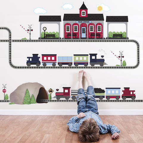 2 Freight Trains, Train Station & Tunnel Train Wall Decals, Straight & Curved Railroad Track Col.2 - Wall Dressed Up