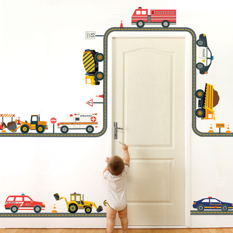 Construction and Emergency Vehicle Wall Decals with Straight and Curved Gray Road - Wall Dressed Up