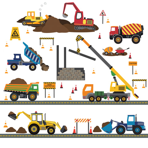 Multicolor Construction Site Decals plus 4 Construction Truck Wall Decals with Road Wall Dressed Up