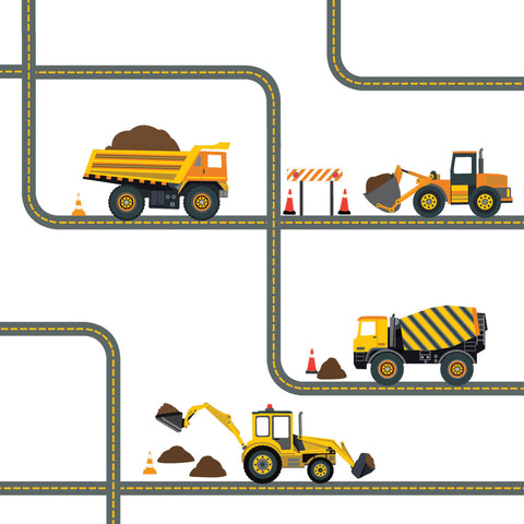 Four Construction Vehicle Wall Decals with Curved and Straight Gray Road - Wall Dressed Up