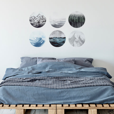 Forest Ocean Mountains Watercolor Art Decals Six 12" Round Fabric Wall Stickers - Wall Dressed Up
