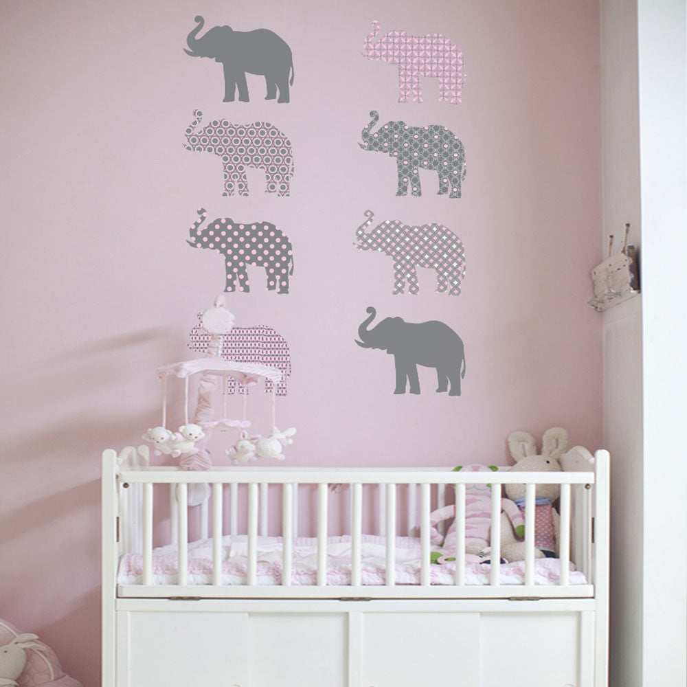 Eight Patterned Gray and Baby Pink Elephant Wall Decals, EcoFriendly