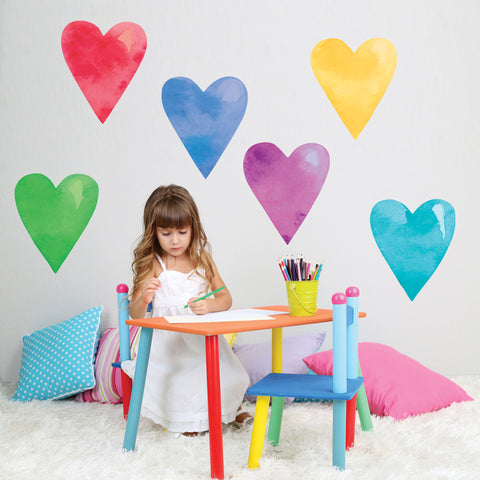 6 Large Watercolor Hearts Wall Decals, Heart Decals, Girls Wall Stickers,Nursery Wall Decor, Eco Friendly Wall Decals