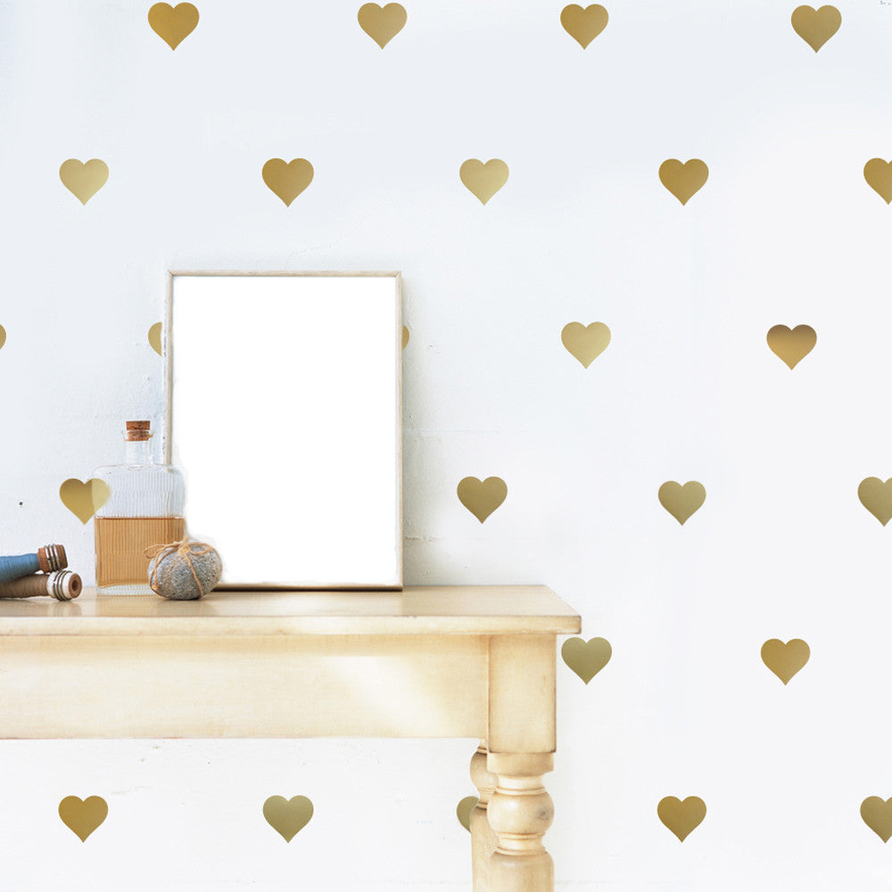 64 Gold or Silver Metallic Heart Vinyl Wall Decals, Heart Wall Sticker