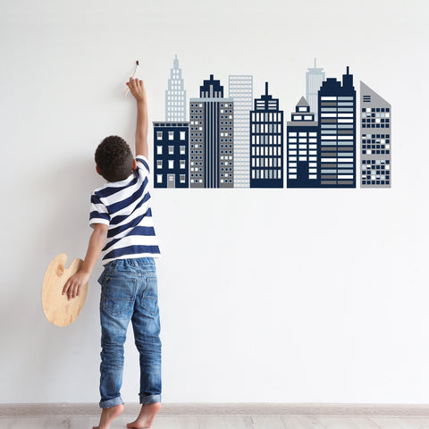 Cityscape Wall Decals, Navy, Gray and White City Skyline Fabric Wall Stickers - Wall Dressed Up