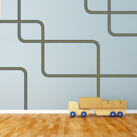 Gray Road Wall Decals with Yellow Lines Curved and Straight, Fabric Wall Stickers - Wall Dressed Up