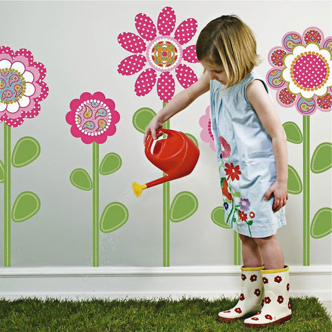 Pink Multicolor Flower Power Wall Decals with Leaves and Stems - Wall Dressed Up