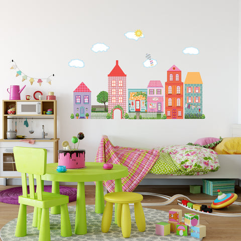 Girl's Dollhouse Town Wall Decals, Removable and Reusable Peel and Stick Eco-Friendly Matte Fabric Wall Stickers - Wall Dressed Up