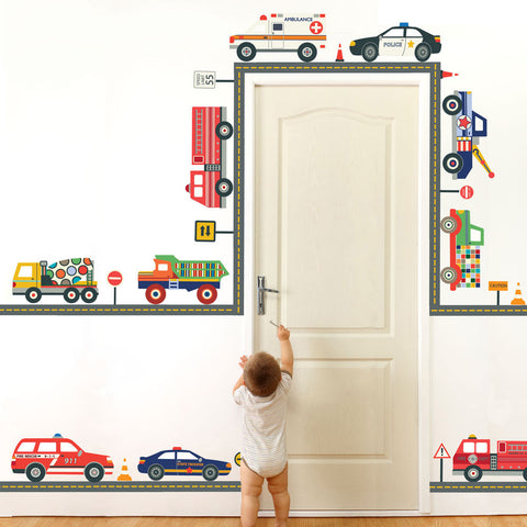 Emergency Vehicle & Truck Wall Decals with Straight Gray Road, Reusable Wall Stickers - Wall Dressed Up
