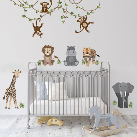 Safari Animals and Monkey Wall Decals, Jungle Animal Wall Stickers, Nursery Wall Decals, Peel and Stick Repositionable Fabric Decals - Wall Dressed Up