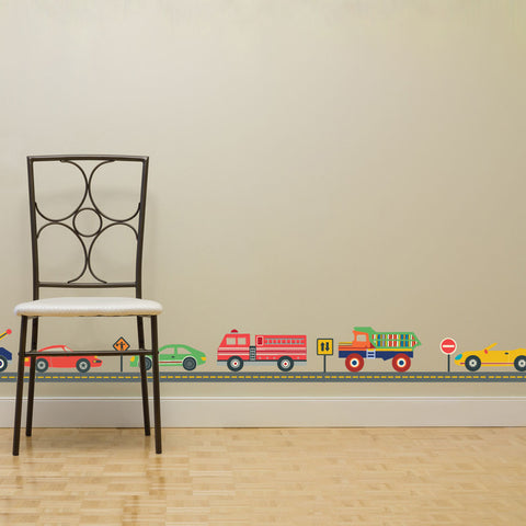 Wall Decals, Cars and Trucks and Gray Straight Road Fabric Wall Stickers Repositionable