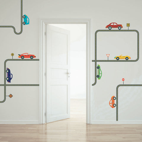 Cool Cars Wall Decals with Gray Road Curved and Straight, Eco-Friendly Wall Stickers - Wall Dressed Up