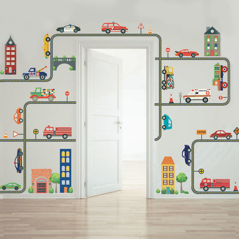 Busy Transportation Town Wall Decals, Cars, Trucks, EMS Vehicles plus Gray Road Curved and Straight - Wall Dressed Up