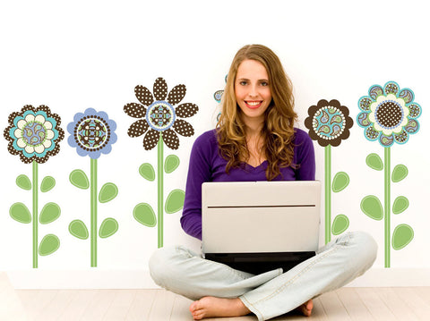 Turquoise/ Brown Flower Power Wall Decals with Leaves and Stems - Wall Dressed Up