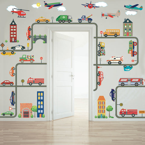 Transportation Town Wall Decals, EMS, Cars, Buses, Trucks, Helicopter, Airplanes & Road - Wall Dressed Up