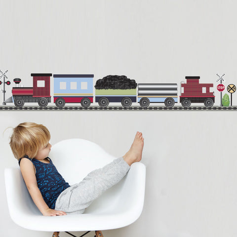 Red Caboose Freight Train Wall Decals with Straight RR Track (Left Facing) Col.2 - Wall Dressed Up