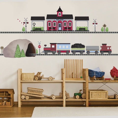 Train Wall Decal, Red Freight with Train Station and Tunnel, 15 ft of Straight RR Track, Eco-Friendly Train Stickers, Col 2 - Wall Dressed Up