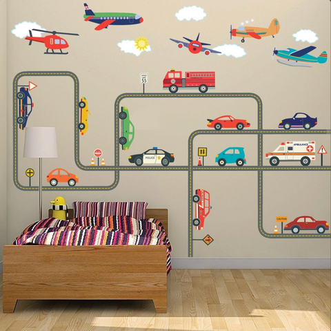 Car Wall Decals, EMS Emergency Vehicle Decals, Plane Wall Decals, 30 ft Gray Straight & Curved Road, Removable Reusable Wall Decals