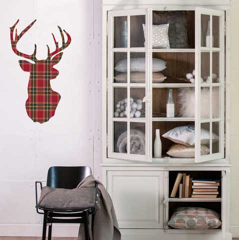Red or Green Plaid Deer Trophy Holiday Wall Decal in 2 sizes - Wall Dressed Up