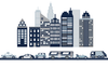 Cityscape Wall Decal, Navy, Gray & White City Skyline with Cars and City Street - Wall Dressed Up