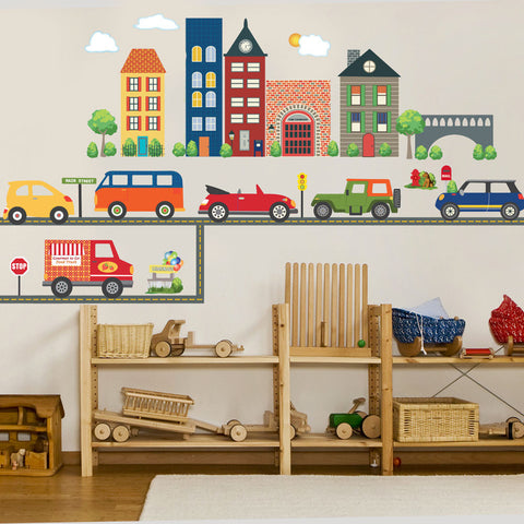 Busy Transportation Town Wall Decals with Adventure Cars and Straight Gray Road - Wall Dressed Up