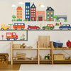 Busy Transportation Town Wall Decals with Adventure Cars and Straight Gray Road - Wall Dressed Up