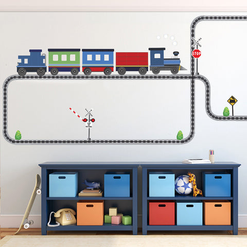 Blue Caboose Freight Train Wall Decals Straight & Curved Railroad Track (Right Facing) Col. 1 - Wall Dressed Up