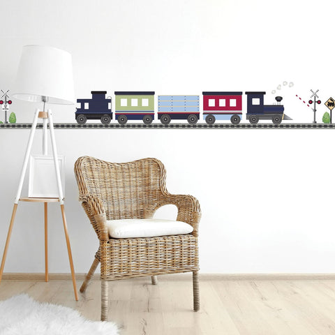 Navy Caboose Freight Trains, 15 ft Straight RR Track, Fabric Wall Decals Co 2 - Wall Dressed Up