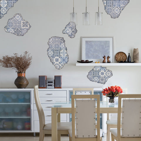 Blue Portuguese Tile Wall Decals, Tile Breakaway Fabric Repositionable Wall Stickers - Wall Dressed Up