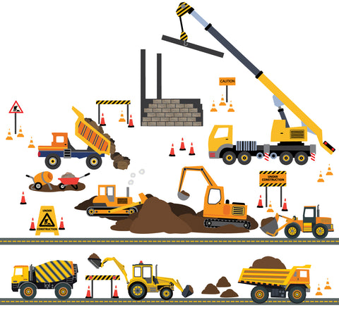 Four Construction Vehicle wall decals with Straight Gray Road and Large Construction Site Wall Decals - Wall Dressed Up