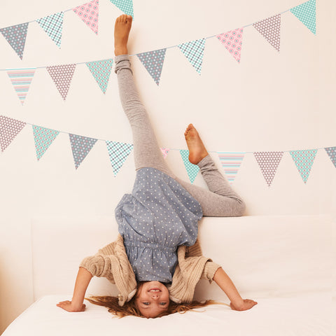 Wall Decals Bunting Triangle Flags, Gray Pink Turquoise, Eco-Friendly Fabric Decal Stickers - Wall Dressed Up