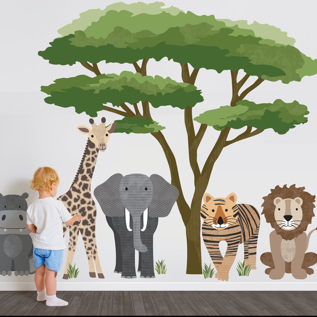 Large Safari Animal Decals with Acacia Tree Safari Nursery Wall Decals