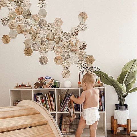 32 Hexagon Map Wall Decals, Peel and Stick Vintage World Map Wall Stickers - Wall Dressed Up
