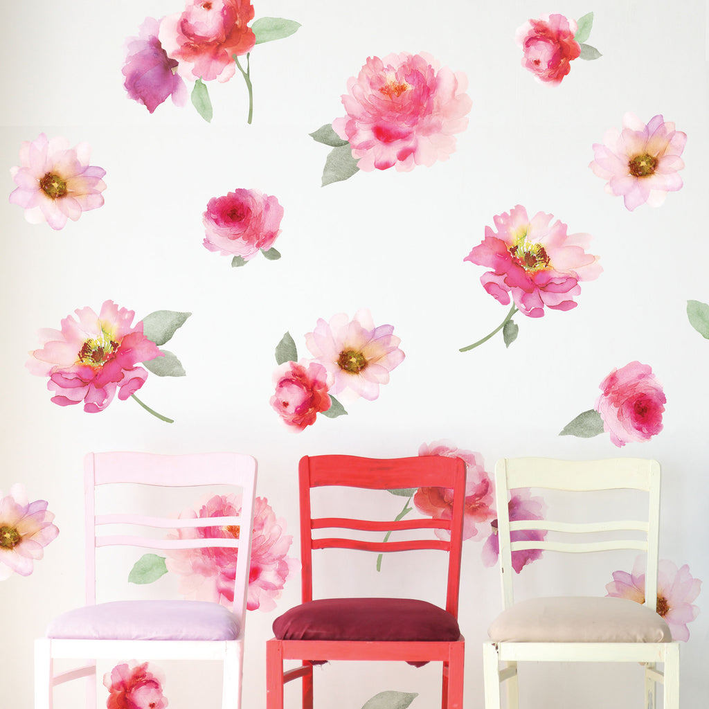 Pink Watercolor Flower Wall Decals, Girls Wall Decals, Repositionable