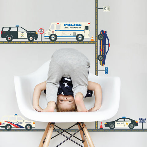 Five Police Vehicle Wall Decals with Straight Road, Eco-Friendly Wall Stickers - Wall Dressed Up