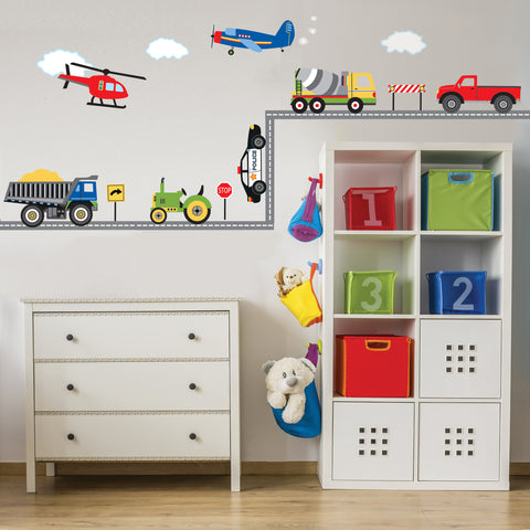 Wall Decals Trucks, Tractor and EMS Vehicles, Airplane and Helicopter Decals plus 15 ft Straight Road, Primary Colors, Eco Friendly Wall Stickers