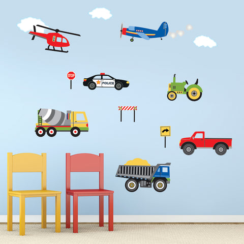 Wall Decals Trucks, Tractor and EMS Vehicles, Airplane and Helicopter Decals, Primary Colors, Eco Friendly Wall Stickers