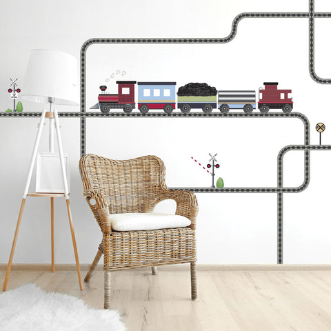 Red Caboose Freight Train Wall Decals & Railroad Track Straight & Curved (Left Facing) Col. 2 - Wall Dressed Up