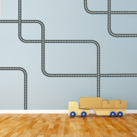Gray Road Wall Decals with White Lines Curved and Straight, Fabric Wall Stickers - Wall Dressed Up
